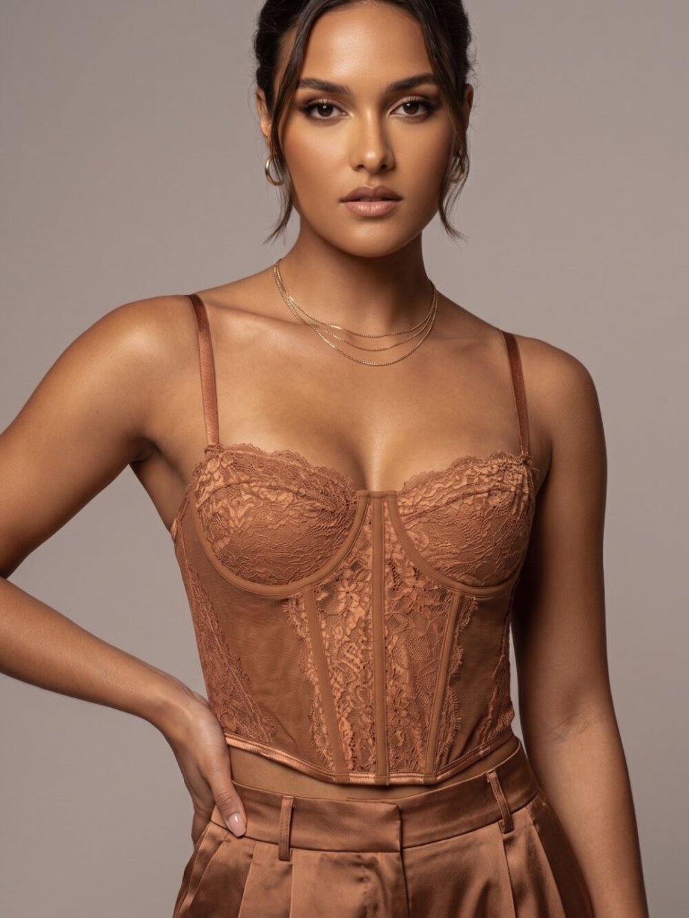 NWT | Chocolate Brown Floral Lace Boned Corset Bustier Top Hook-and-Eye | XL